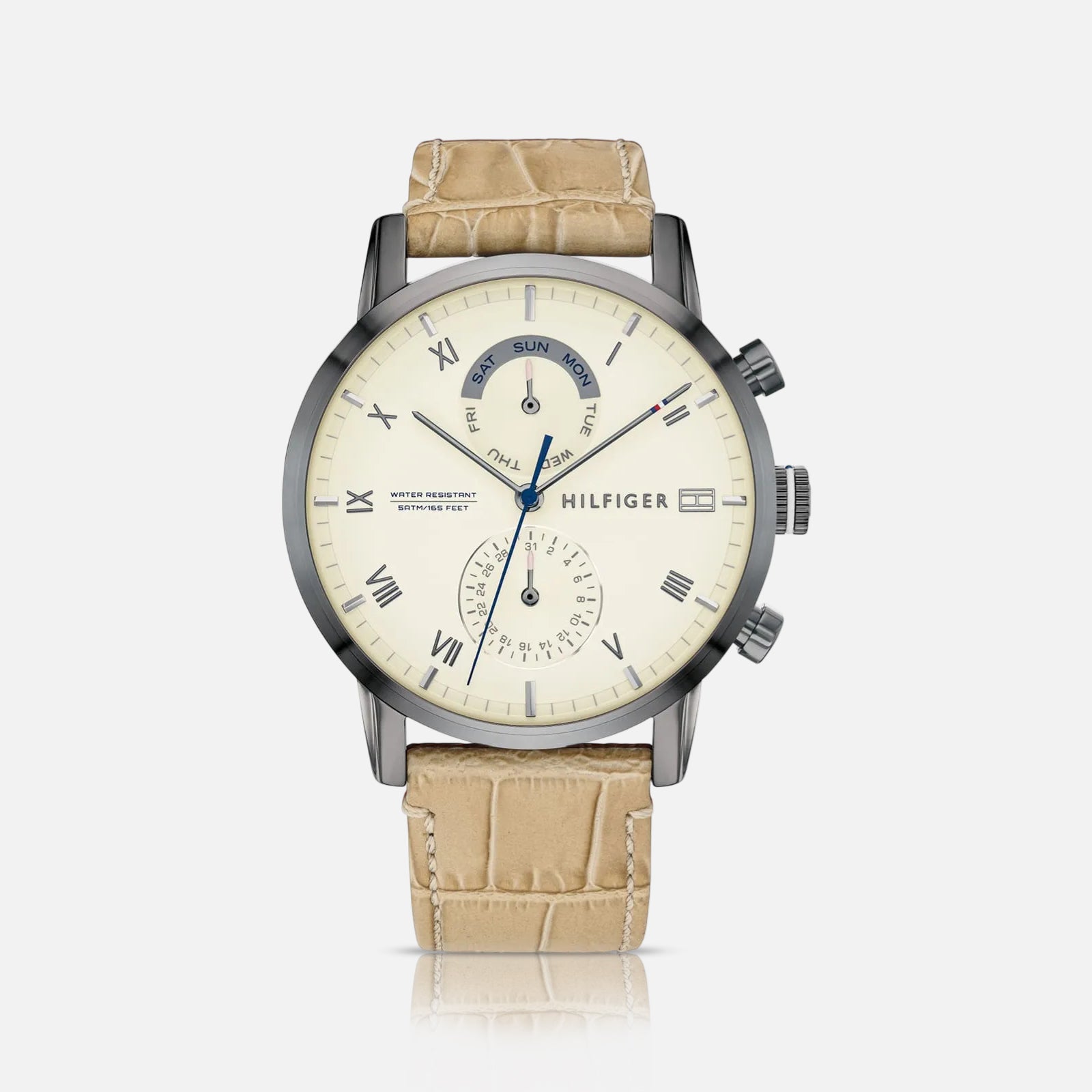 Tommy Hilfiger Kane herreur med beige læderrem og cremefarvet urskive
