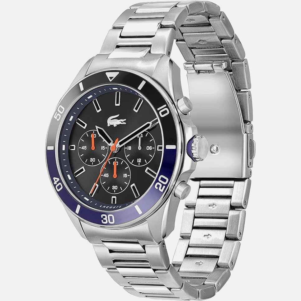 Lacoste Tiebraker herreur i stål med sort urskive og kronograffunktion