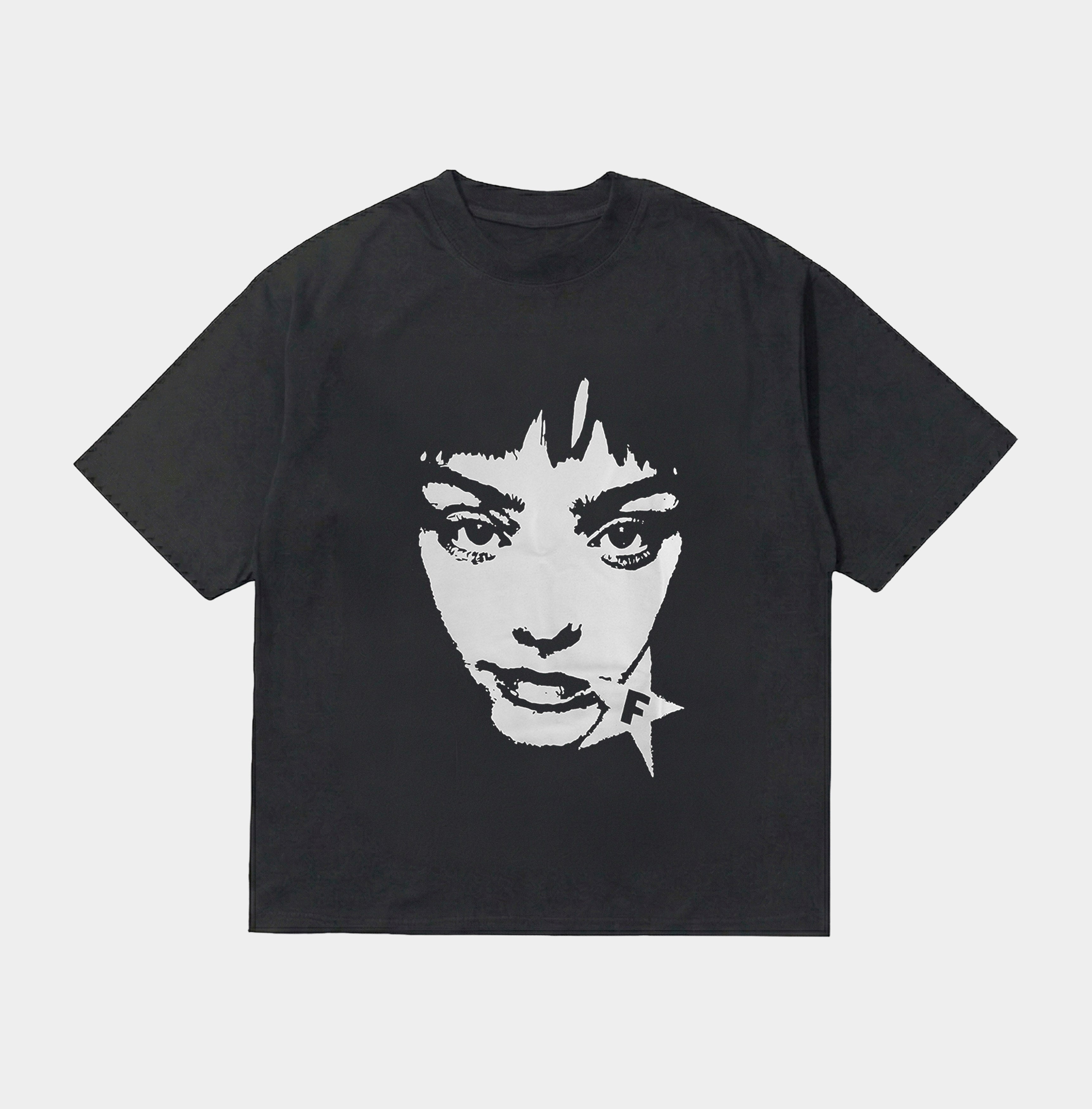 Sort t-shirt med hvidt portrætprint af kvinde og stjerne