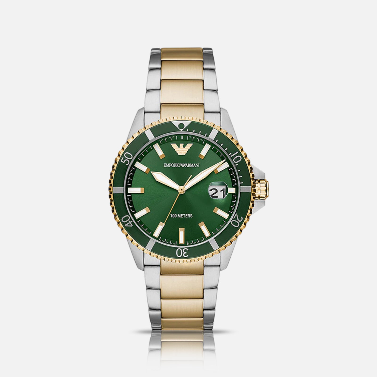 Emporio Armani herreur med grøn urskive og to-tonet lænke i stål og guld