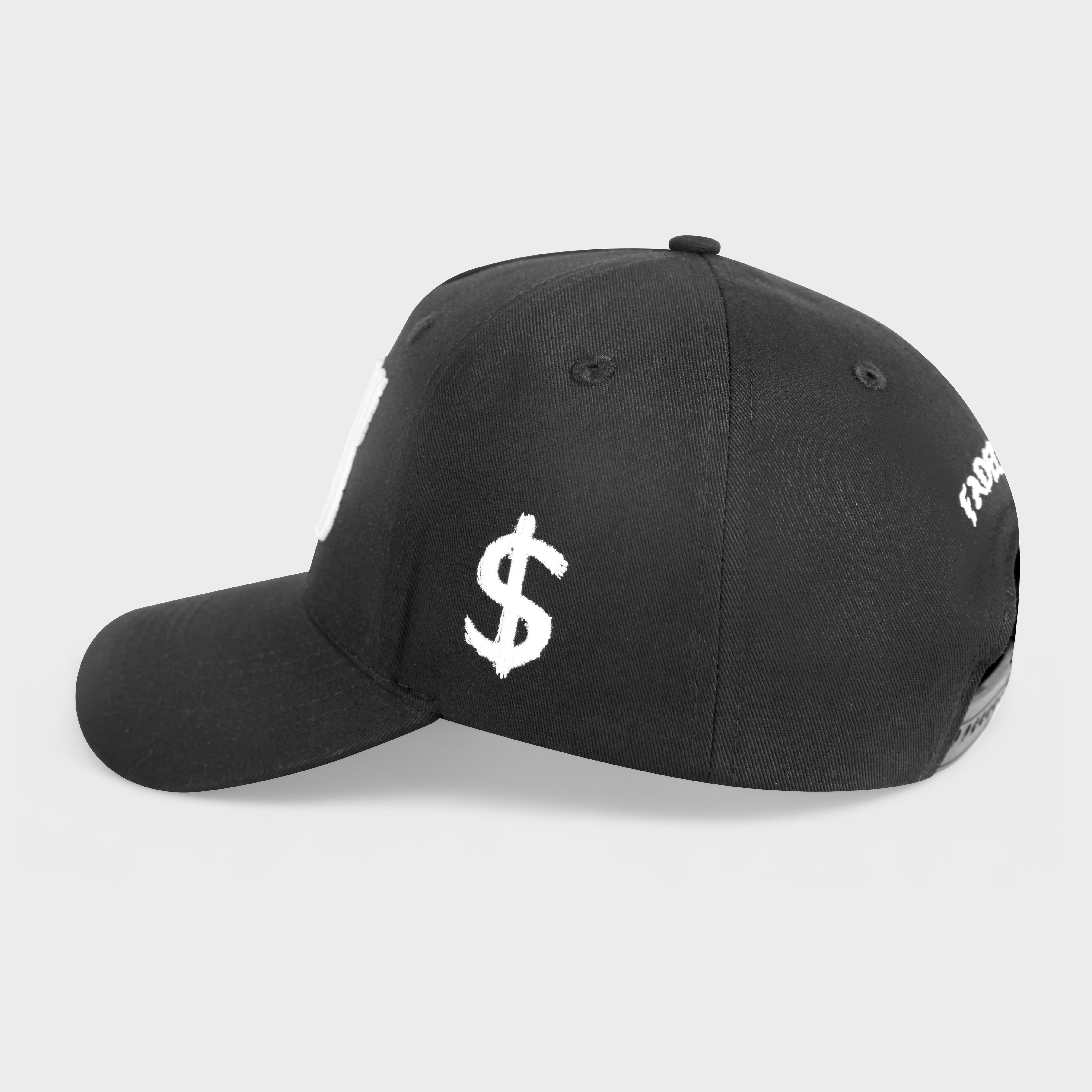 Sort kasket med hvidt dollartegn og Fadeless logo