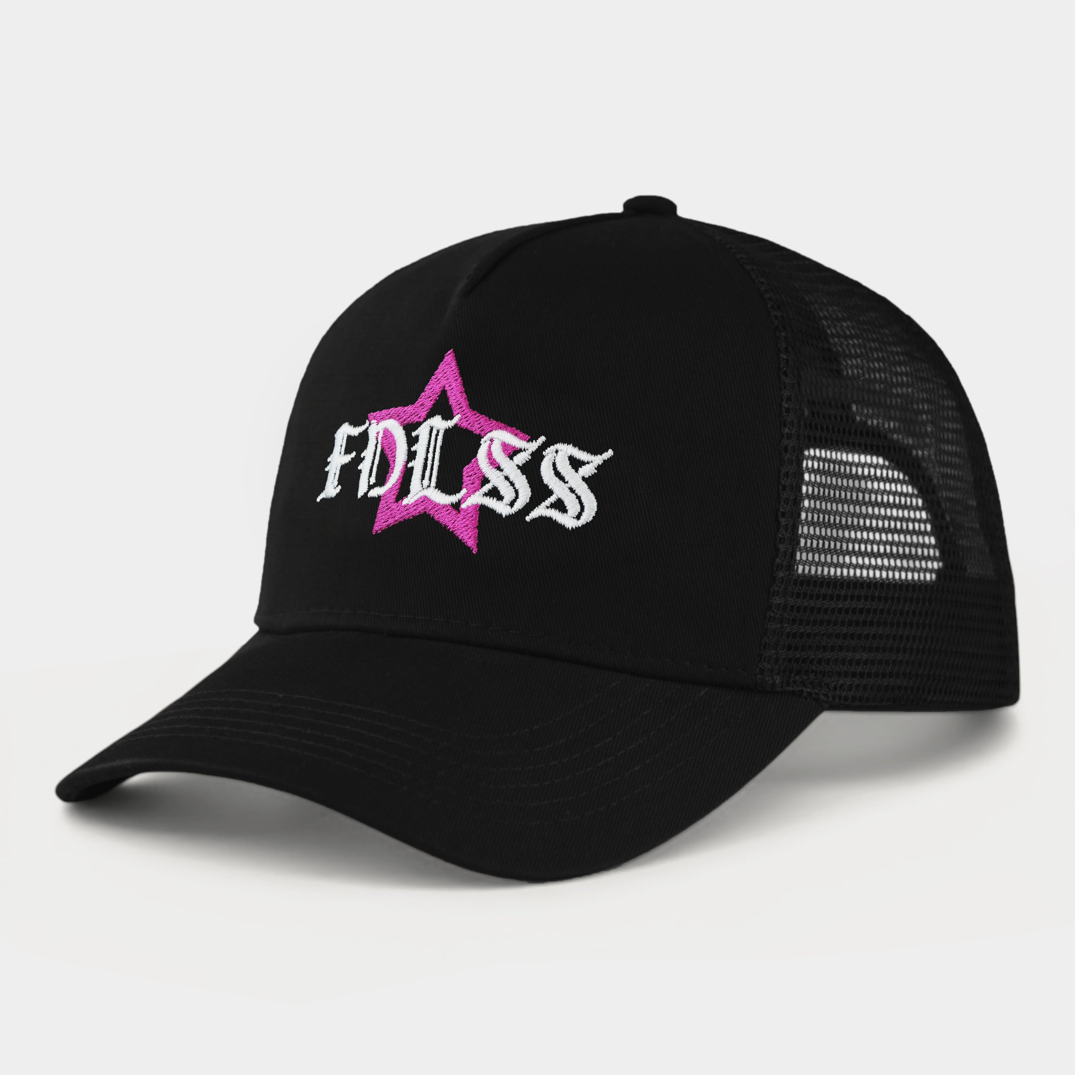 Sort trucker cap med pink stjerne og "FADLESS" broderi