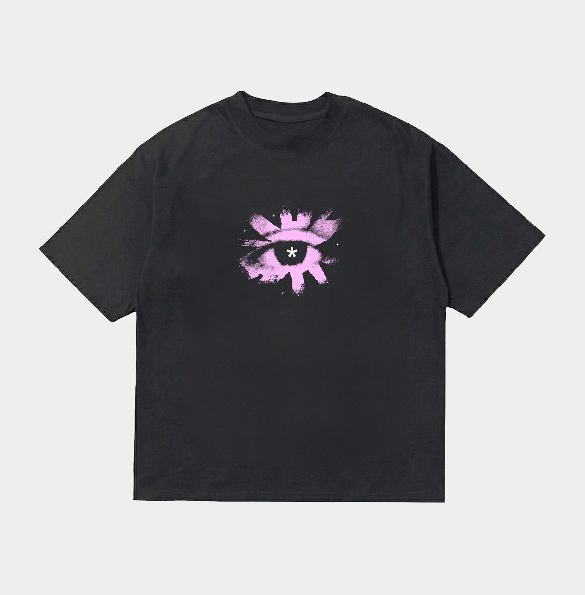 Sort oversized t-shirt med pink øje-design og stjerner