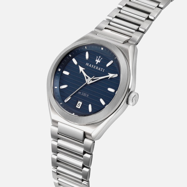 Maserati Triconic armbåndsur med blå urskive og stållænke