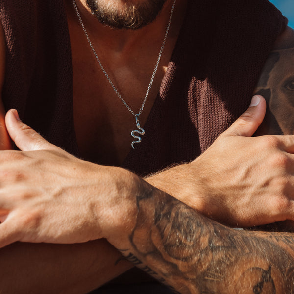 Sølvfarvet halskæde med slange-vedhæng på mand