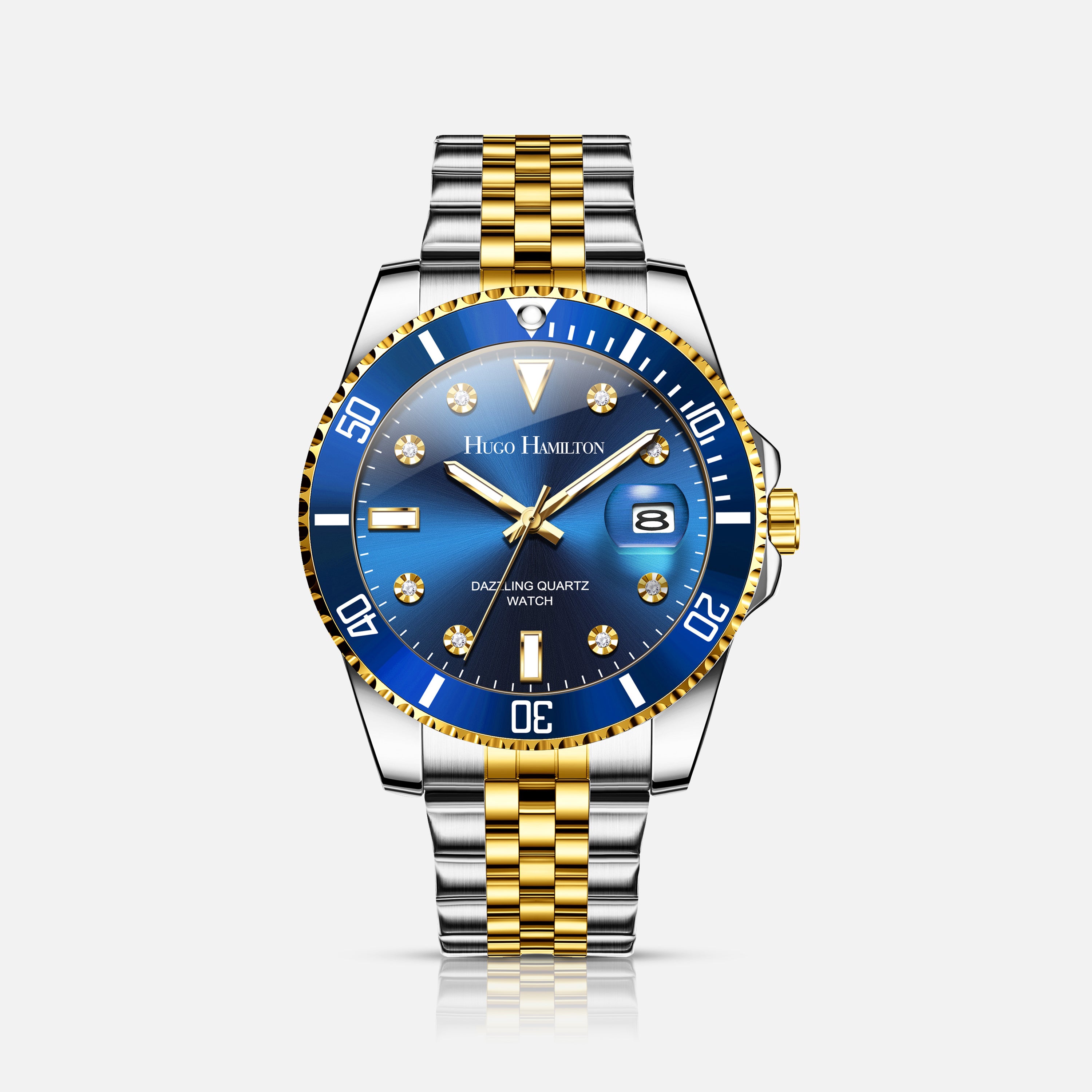 Herreur med blå urskive og to-tonet stållænke i sølv og guld