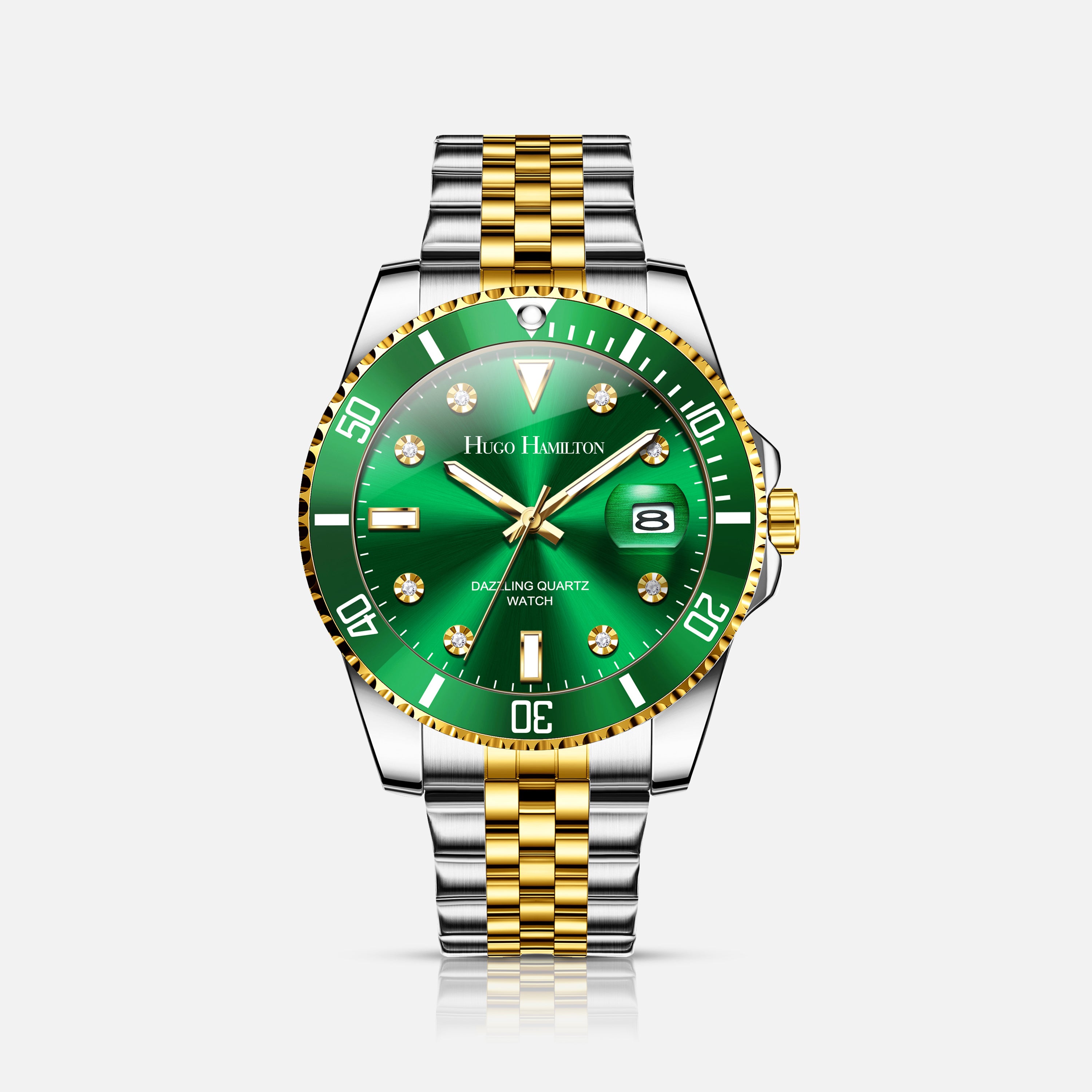 Hugo Hamilton armbåndsur med grøn urskive og to-tonet lænke i sølv og guld