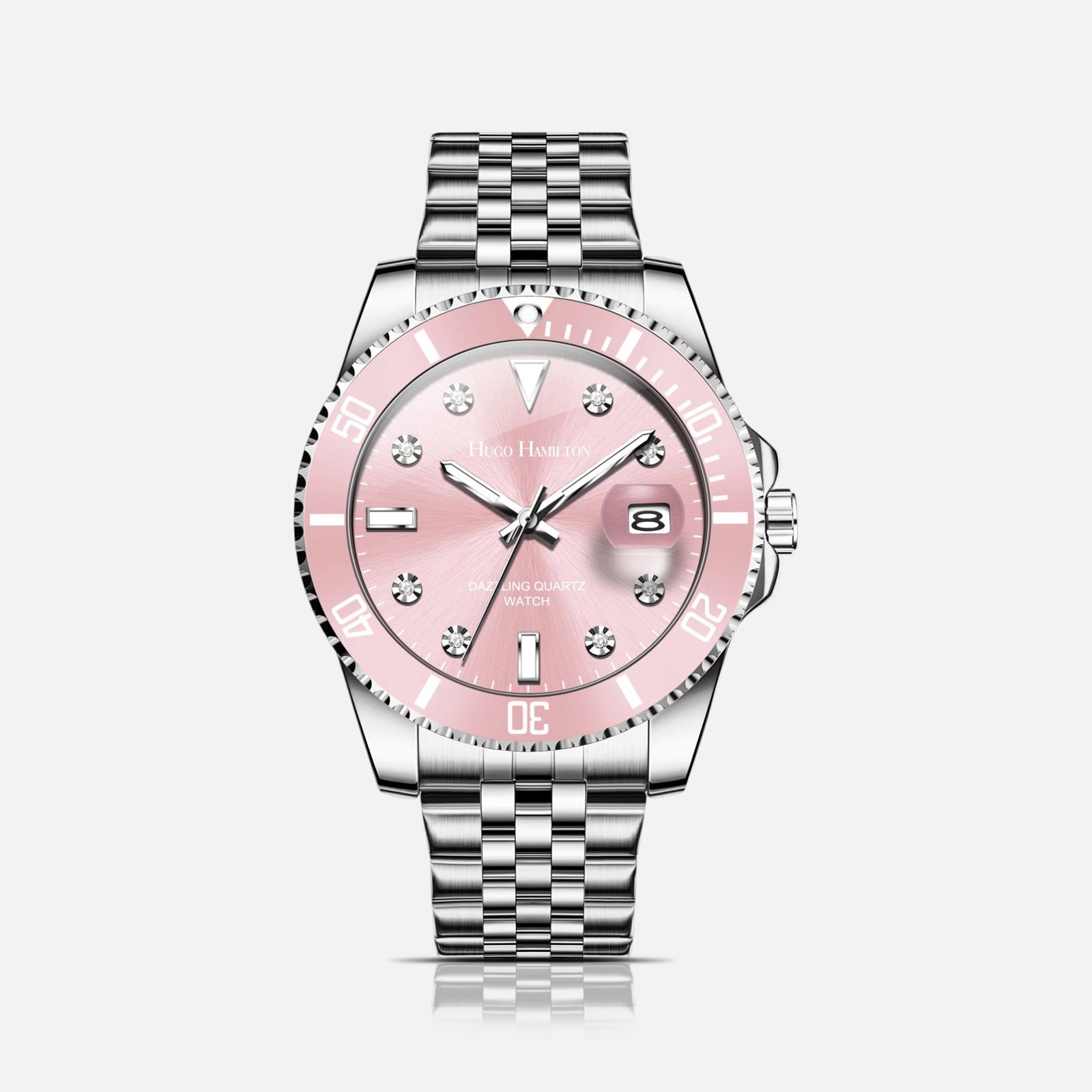 Dameur med lyserød urskive og stållænke fra HUGO HAMILTON