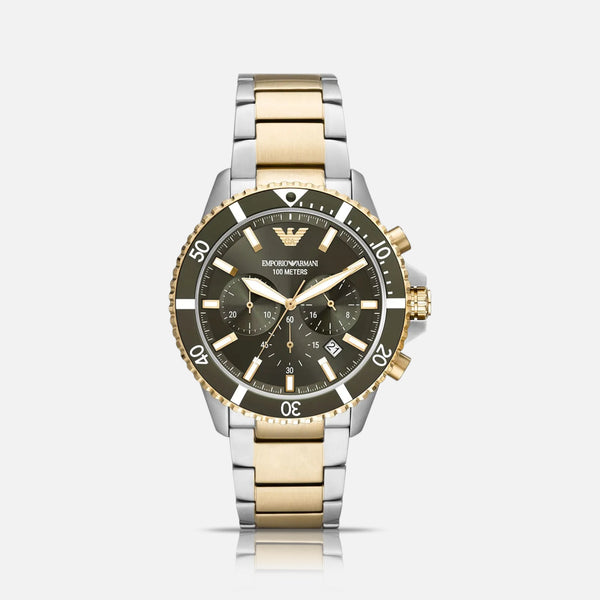 Emporio Armani chronograph armbåndsur i tofarvet stål og guld med grøn urskive