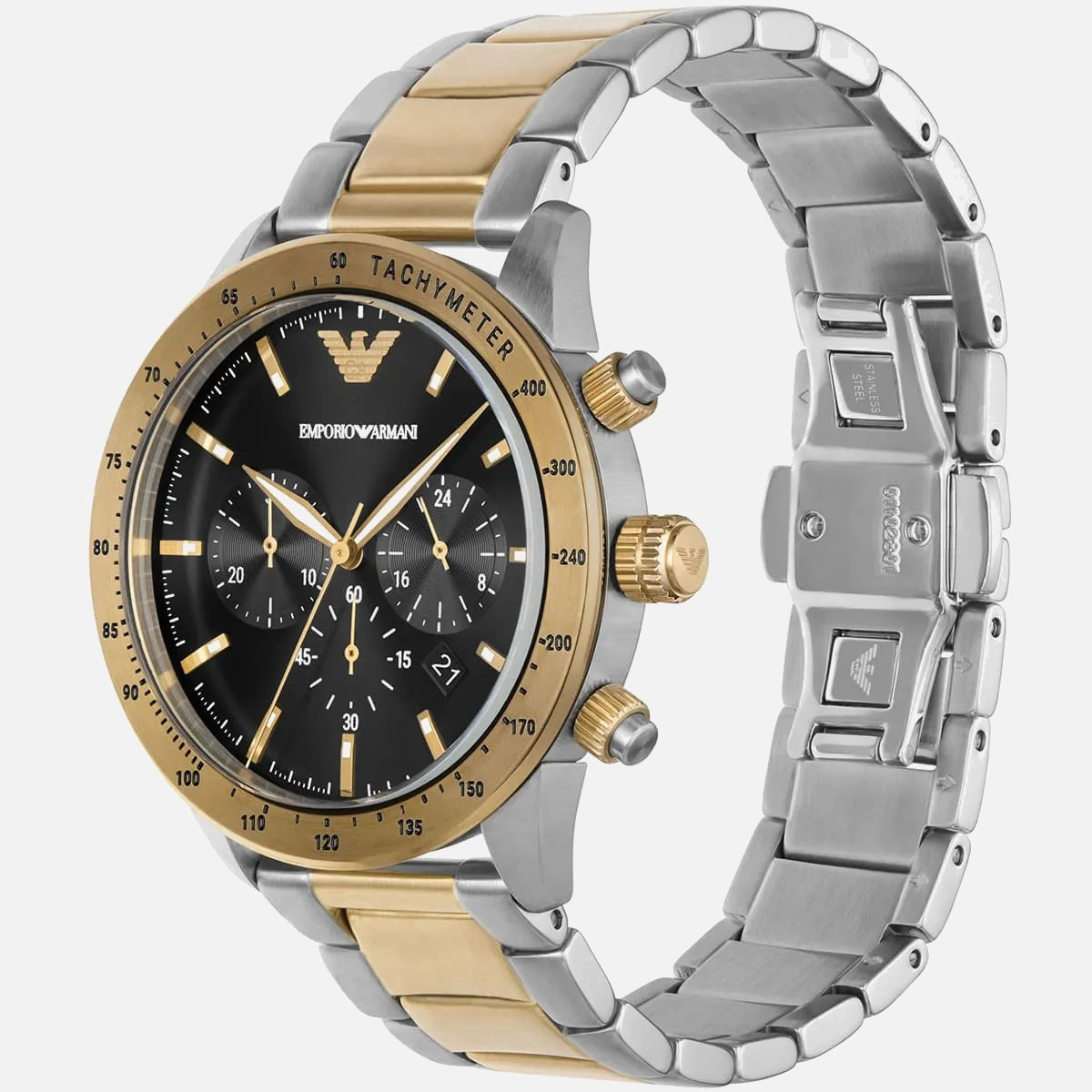 Emporio Armani herreur i tofarvet stål med sort urskive og kronograf