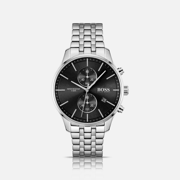 Hugo Boss herreur med sort urskive og stållænke