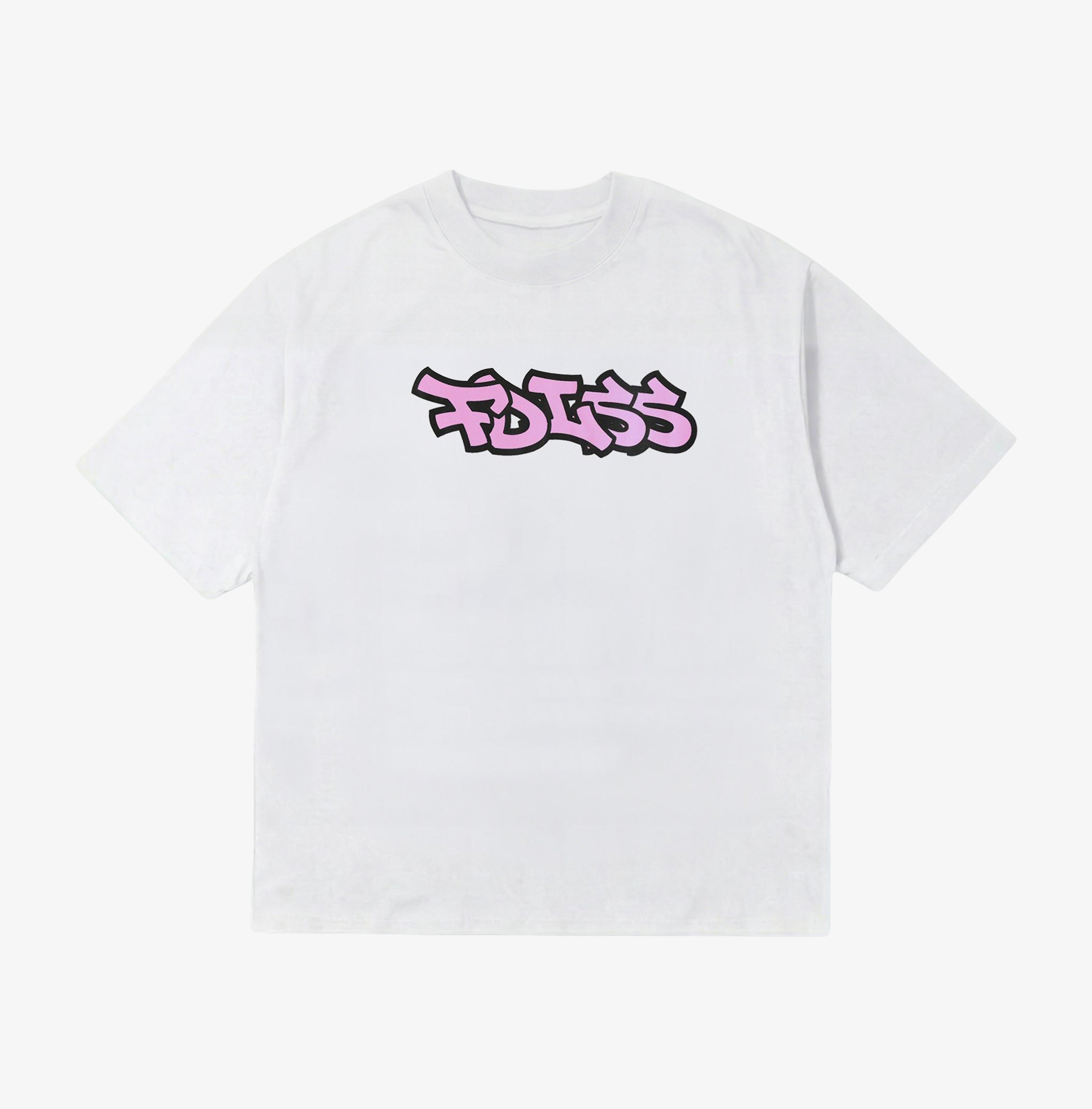 Hvid oversized t-shirt med pink graffiti-stil FDLSS-print fra Fadeless
