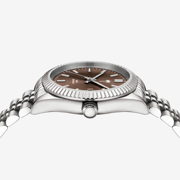 Sølv armbåndsur med brun urskive og riflet bezel fra Palm Nouveau