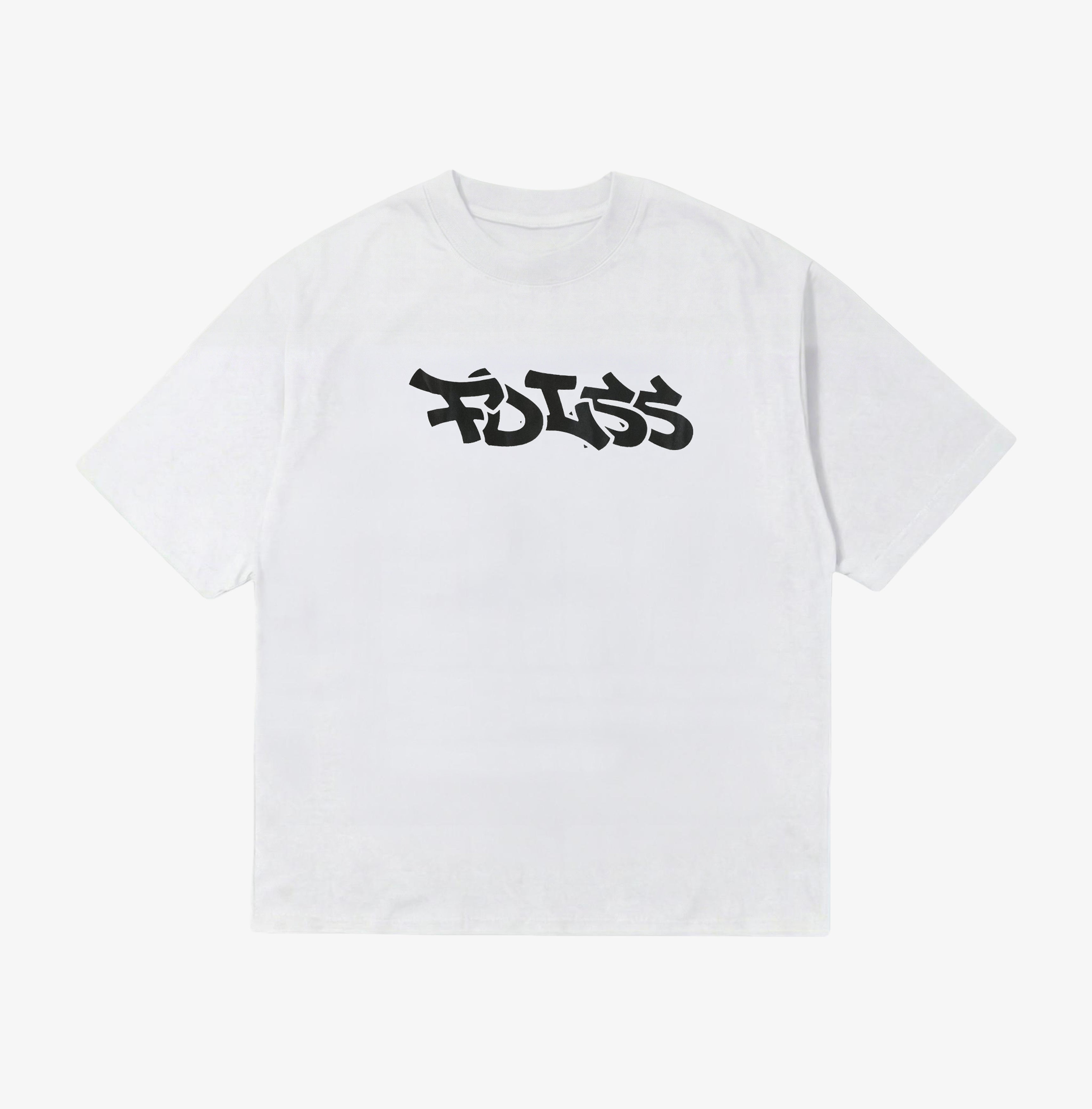 Hvid FDLSS t-shirt med sort graffiti-logo, box fit snit fra Fadeless