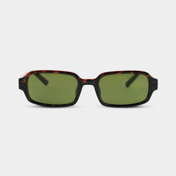 Fadeless Alma Leopard solbriller i rødbrun skildpaddemønster med grønne glas set forfra