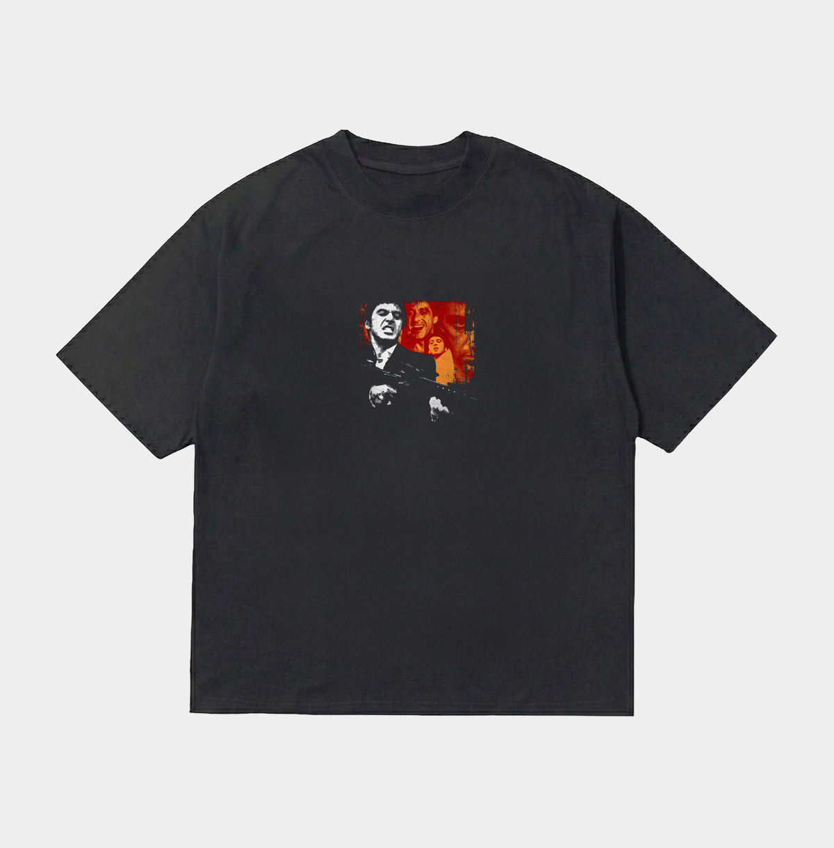 Sort oversized t-shirt med Montana-filmplakat print i rød og hvid