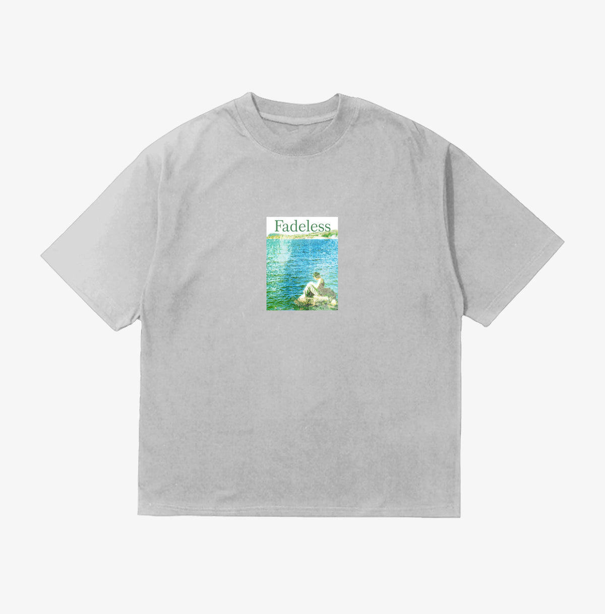 Grå oversized t-shirt med "Fadeless" print og vandmotiv på brystet