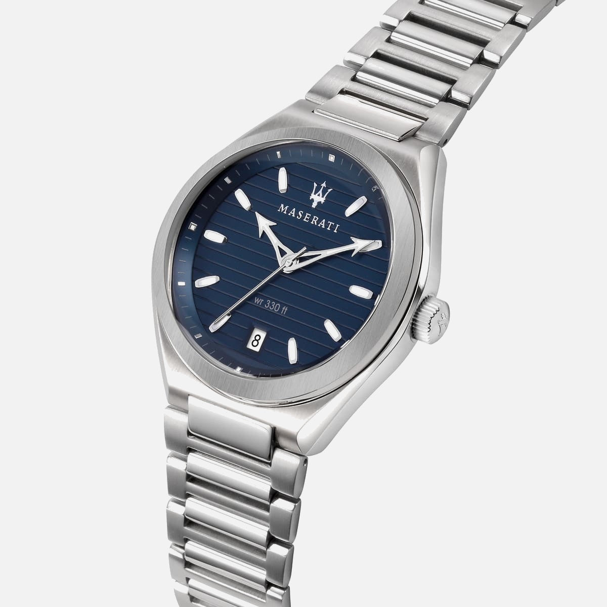 Maserati Triconic armbåndsur med blå urskive og stållænke