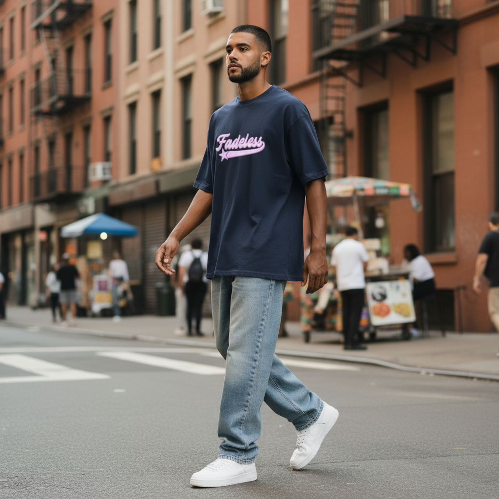 Star Tee Box Fit - Navy/Pink