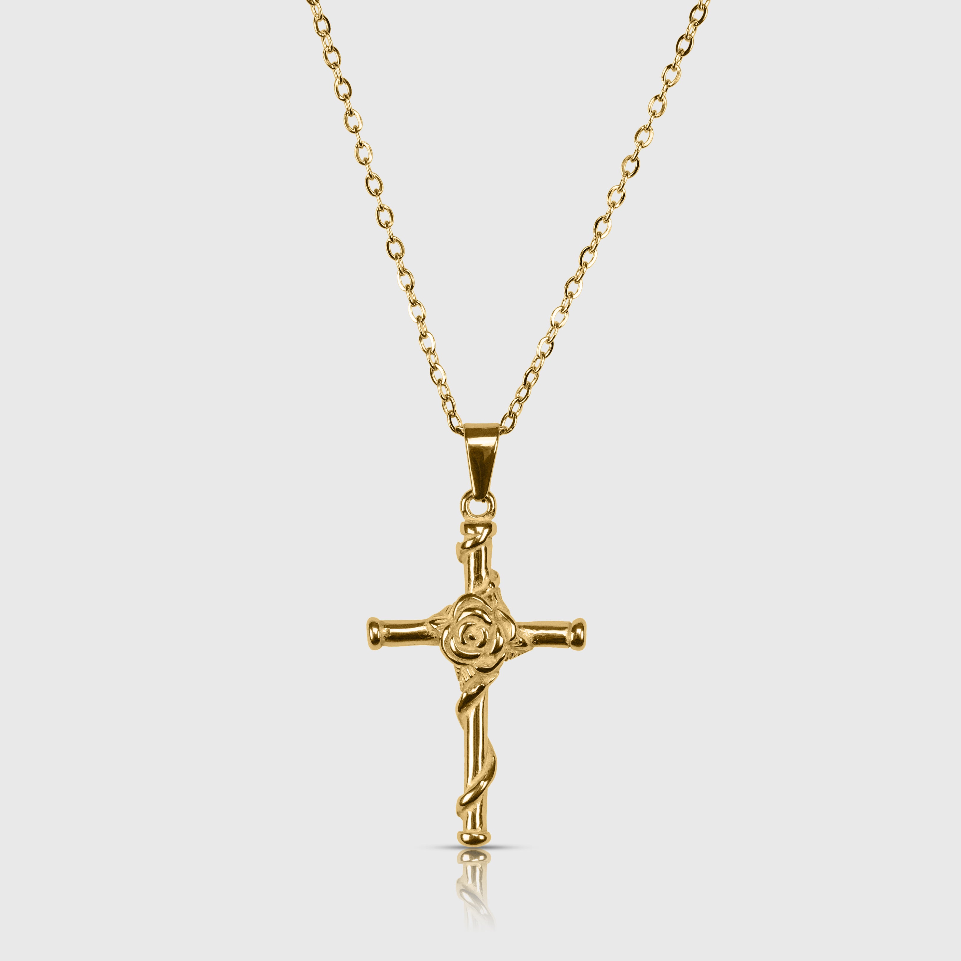 ROSE CROSS NECKLACE - GOLD TONE