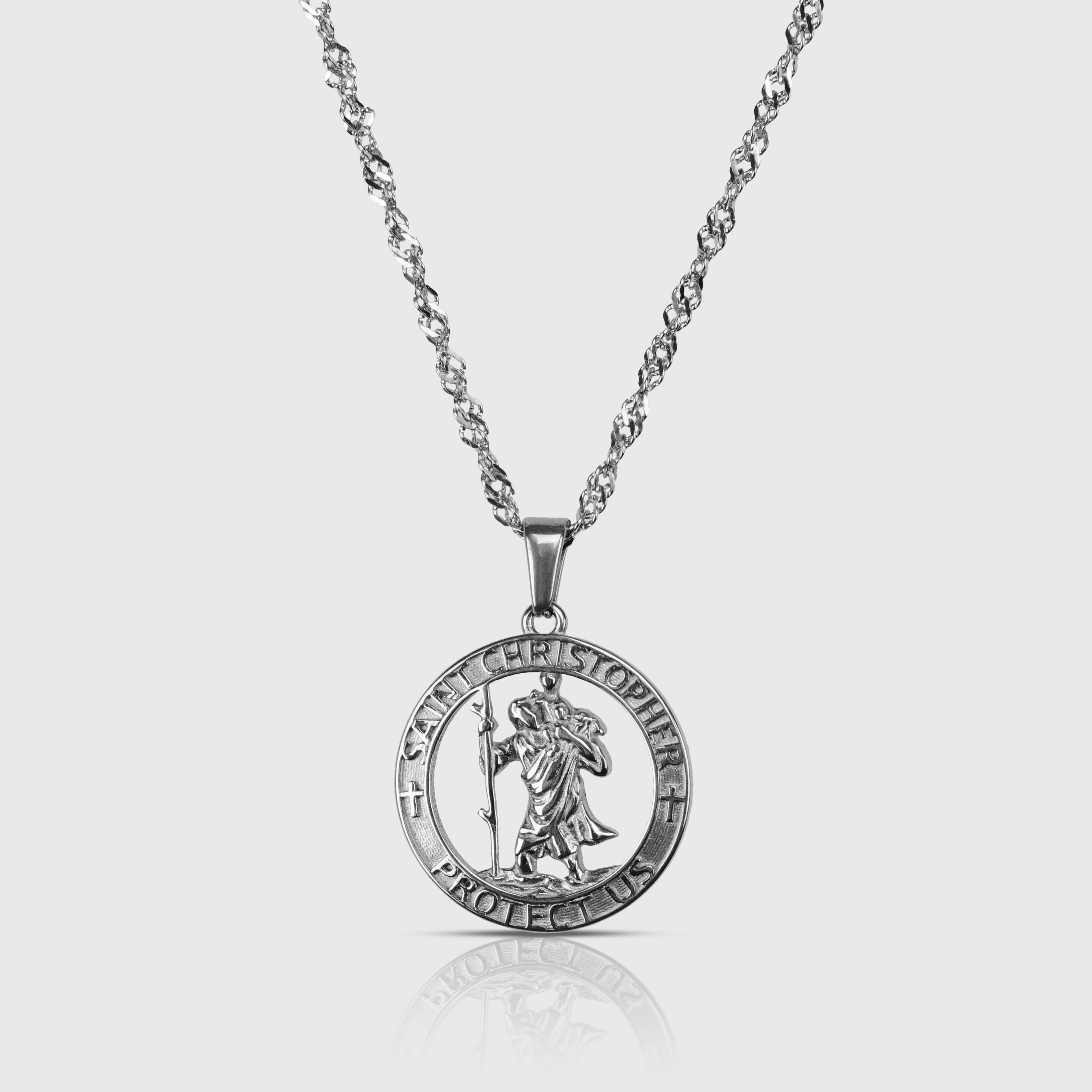 Saint Christopher Necklace Mens Medal Silver Cast Medallion Jerusalem Cross  Stainless Steel Chain Patron Saint Police Officers Soldiers